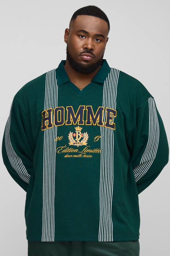 Plus Oversized Homme Applique Stripe Rugby Polo