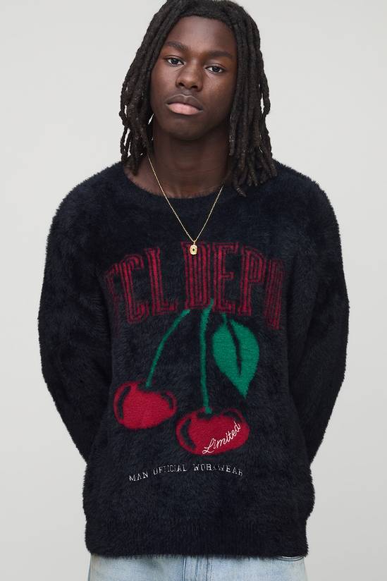 Regular Fit Extreme Fluffy Cherry Graphic Knitted Jumper