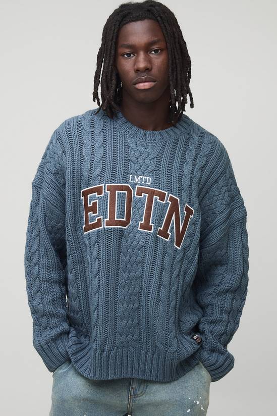Oversized Cable EDTN Applique Knitted Jumper