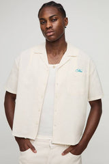 Oversized Boxy Revere Linen Look Apres Tennis Embroidered Shirt