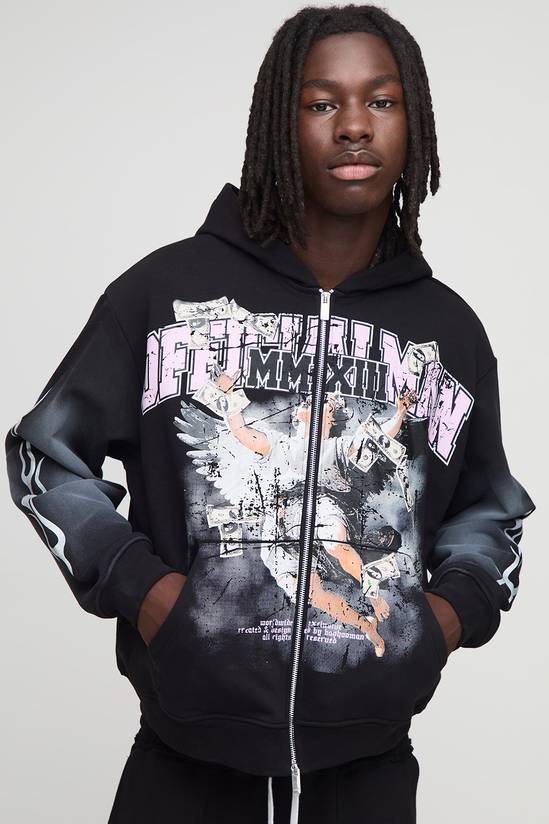 Oversized Boxy Glitter Print Spray Wash Graphic Zip Up Hoodie