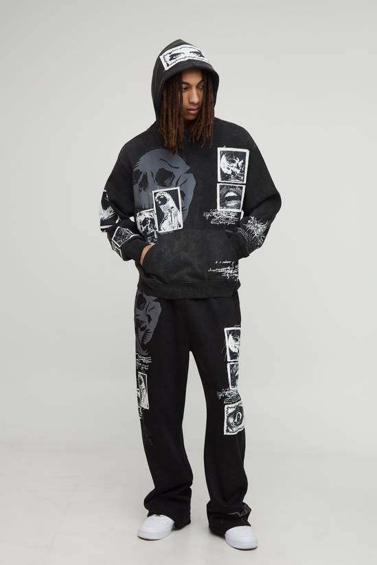 Oversized Boxy Washed Applique Gothic Hoodie