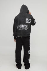 Oversized Boxy Washed Applique Gothic Hoodie