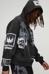 Oversized Boxy Washed Applique Gothic Hoodie