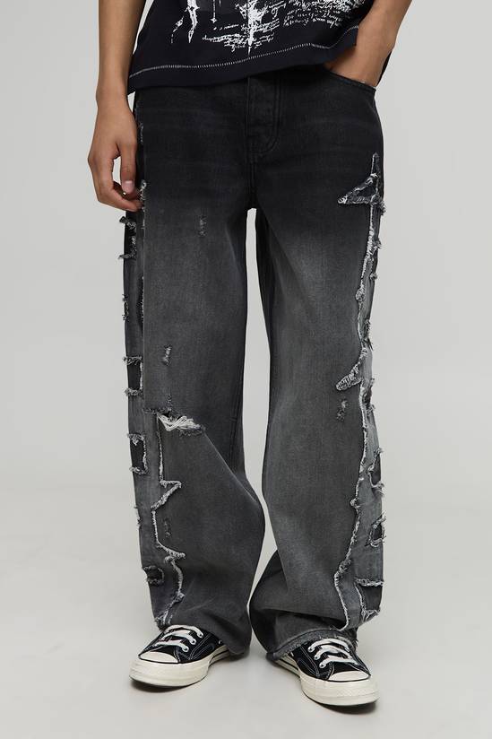 Relaxed Raw Edge Applique Denim Jeans