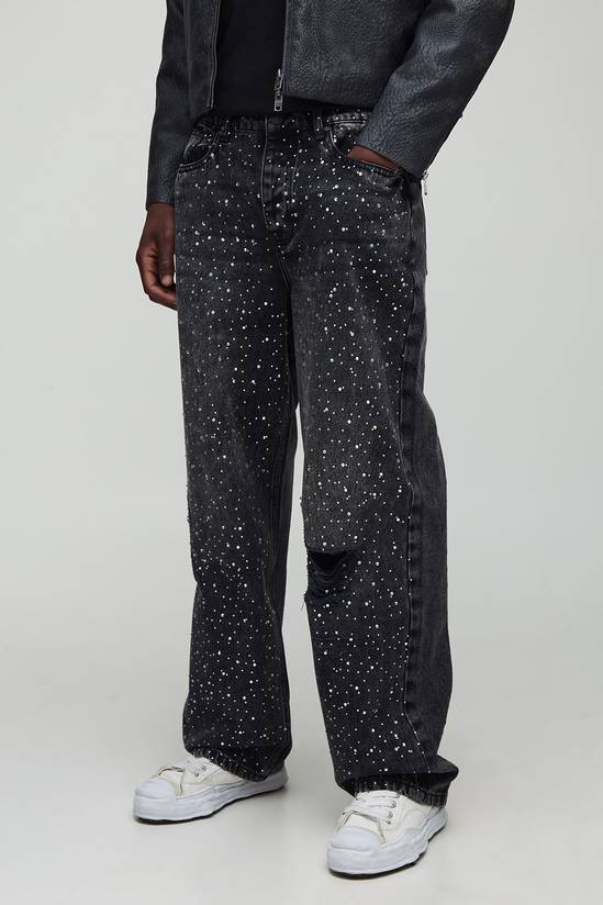 Tall Washed Pearl & Rhinestone Ripped Relaxed Fit Jeans