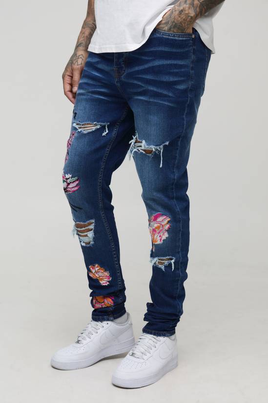 Tall Floral Embroidered Ripped Stacked Skinny Jeans