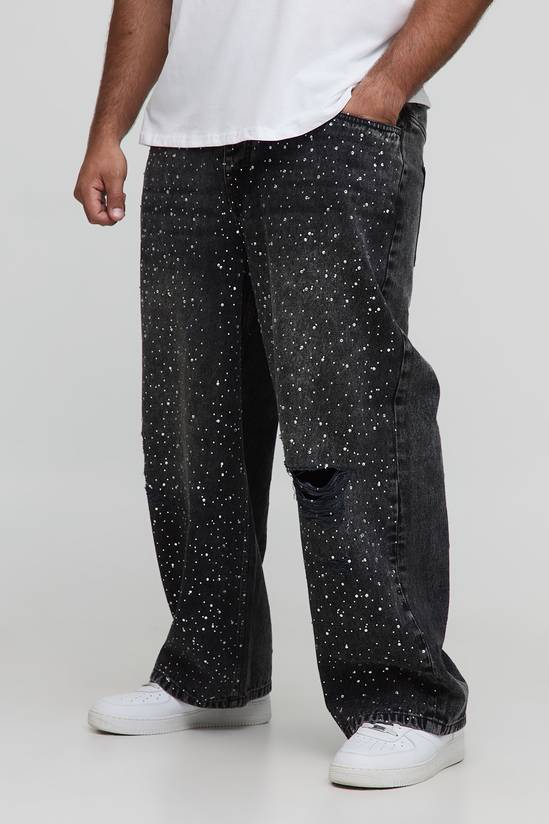 Plus Washed Pearl & Rhinestone Ripped Relaxed Fit Jeans