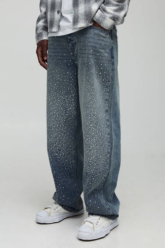Tall Stonewash Relaxed Fit All Over Rhinestone Jeans