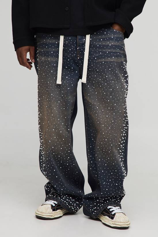 Plus Tinted Rhinestone Extended Drawcord Relaxed Fit Jeans