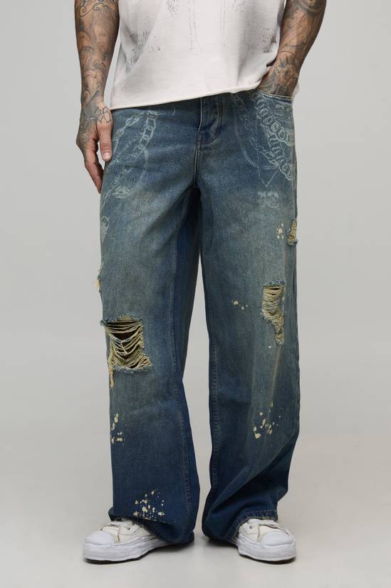 Tall Chain Printed Ripped Baggy Fit Jeans