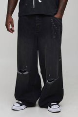 Plus Super Baggy Extreme Washed Laser Printed Denim Jeans