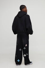 Baggy Fit PU Applique Rhinestone Cross Jeans