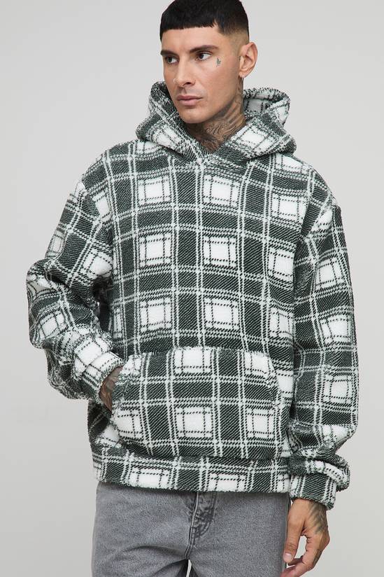 Tall Borg Oversized Boxy Check Hoodie