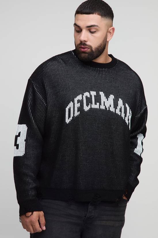 Plus Ribbed Knit Oversized Distressed Varsity Jumper