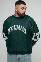 Plus Ribbed Knit Oversized Distressed Varsity Jumper