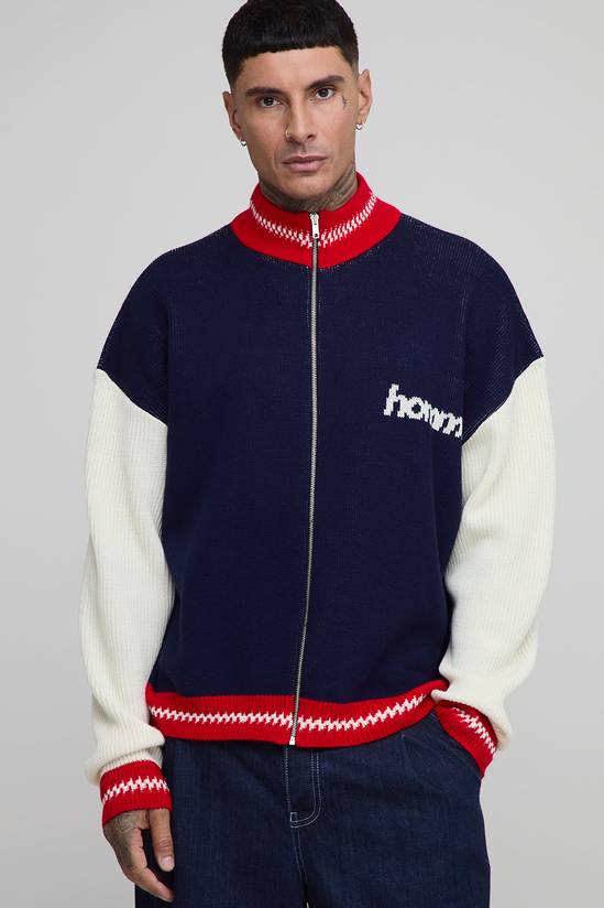 Tall Oversized Zip Up Funnel Neck Homme Knitted Jacket