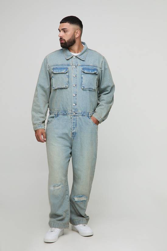 Plus Regular Fit Stonewash Rip and Repair Boilersuit