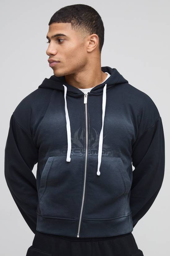 Shrunken Boxy Loopback OFCLMAN Applique Check Zip Through Hoodie