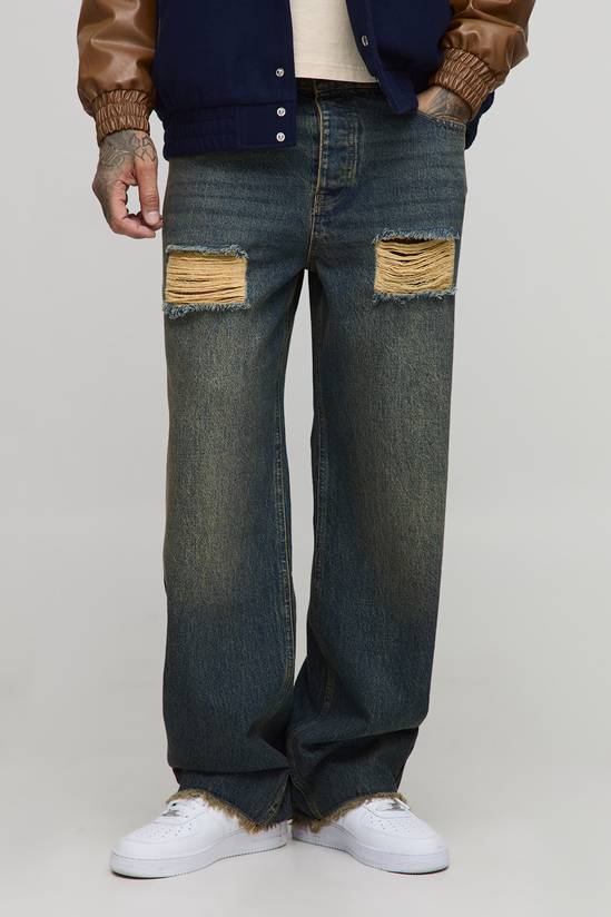 Tall Ripped Raw Hem Stonewash Relaxed Fit Jeans