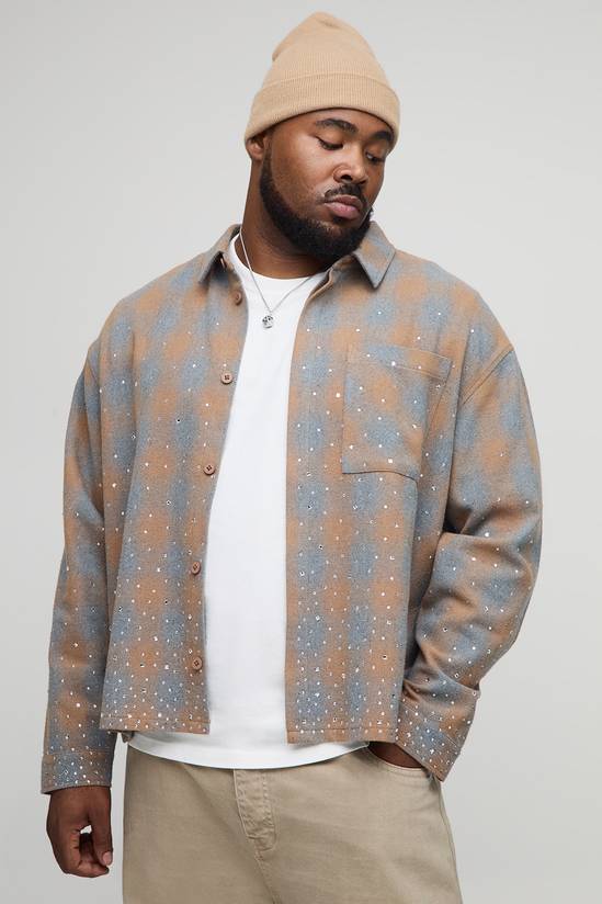 Plus Oversized Ombre Rhinestone Embellished Heavyweight Check Overshirt
