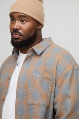 Plus Oversized Ombre Rhinestone Embellished Heavyweight Check Overshirt