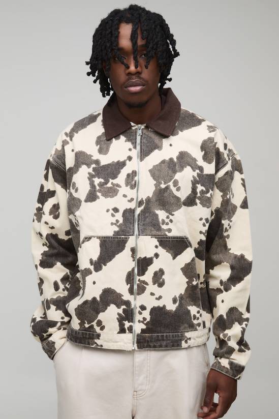 Tall Washed Cow Print Boxy Oversized Denim Jacket