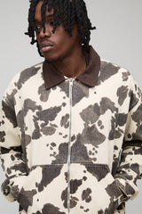 Tall Washed Cow Print Boxy Oversized Denim Jacket