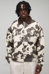 Tall Washed Cow Print Boxy Oversized Denim Jacket