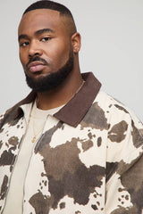 Plus Washed Cow Print Boxy Oversized Denim Jacket