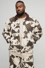 Plus Washed Cow Print Boxy Oversized Denim Jacket