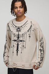 Boxy Gothic Distressed Knitted Jumper