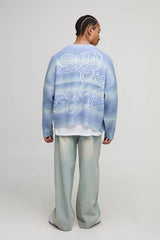 Oversized Boxy Fit Ombre Stripe Floral Graphic Knitted Cardigan