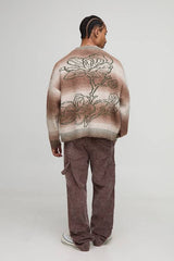 Oversized Boxy Fit Ombre Stripe Floral Graphic Knitted Cardigan
