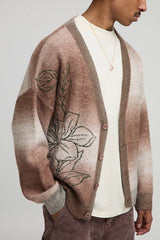 Oversized Boxy Fit Ombre Stripe Floral Graphic Knitted Cardigan