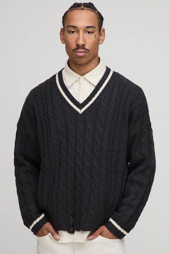Boxy  V Neck Cable Distressed Cricket Knitted Jumper