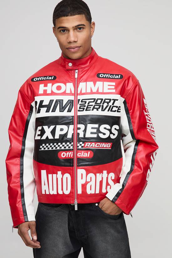 Boxy Fit Homme Moto PU Varsity Bomber Jacket