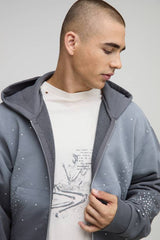 Shrunken Fit Rhinestone Washed Zip Through Hoodie