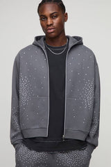 Oversized Boxy Rhinestone Zip Through Hoodie