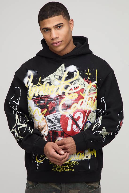 Oversized Graffiti Slogan Graphic Print Hoodie