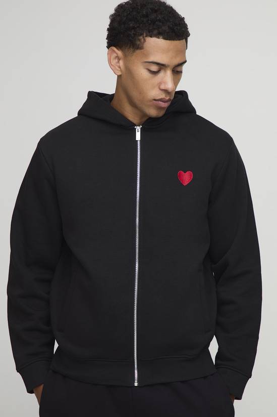 Regular Zip Through Heart Embroidered Hoodie