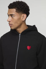 Regular Zip Through Heart Embroidered Hoodie
