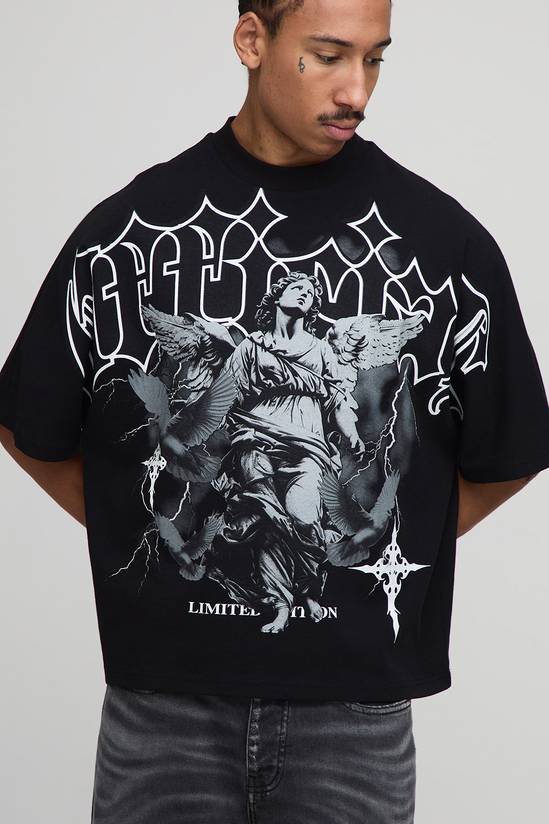 Black Oversized Boxy Heavyweight Angel Printed T-Shirt