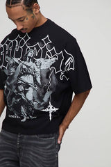 Black Oversized Boxy Heavyweight Angel Printed T-Shirt