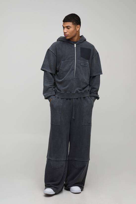 Oversized Boxy Washed Loopback Faux Layer Zip Through Hoodie