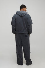 Oversized Boxy Washed Loopback Faux Layer Zip Through Hoodie