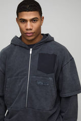 Oversized Boxy Washed Loopback Faux Layer Zip Through Hoodie