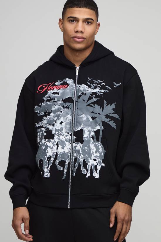 Oversized Horse Print Zip Through Hoodie