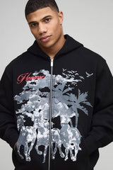 Oversized Horse Print Zip Through Hoodie