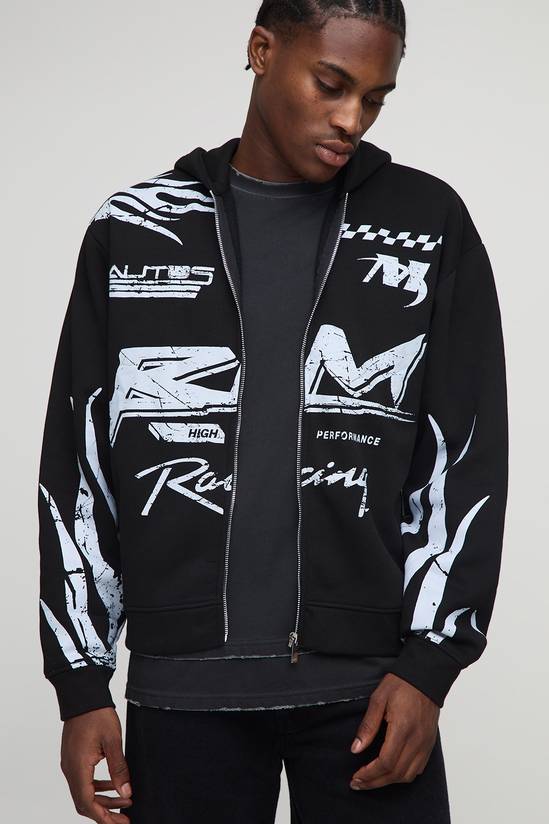 Oversized Boxy Moto Racing Flame Zip Through Hoodie